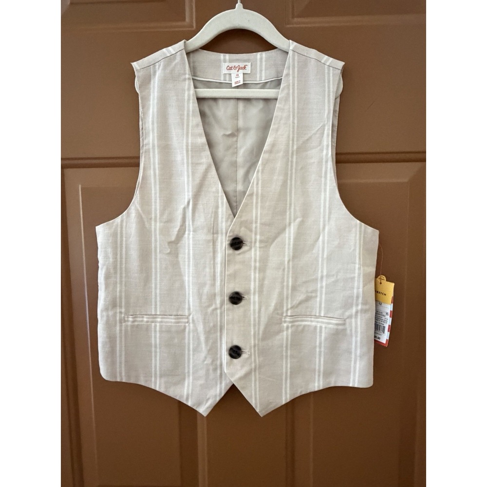 NEW Cat & Jack Boys' Beige & White Vertical Pinstriped Suit Vest Size 12 NWT